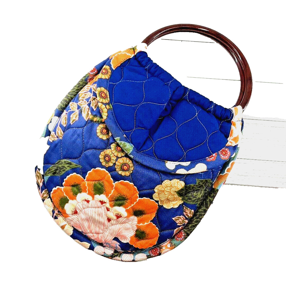 Quilted Floral Wood Hoop Handle Purse Shoulder Bag Tote Blue Cottagecore Boho